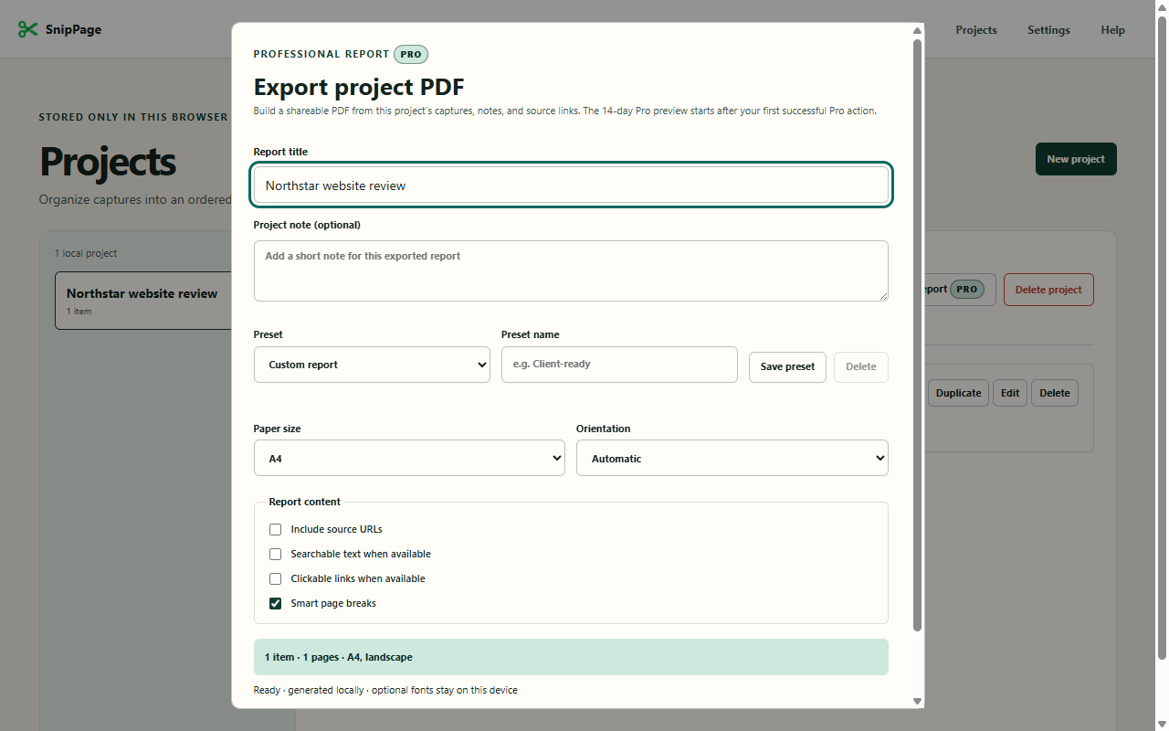 SnipPage project report export with title, notes, and PDF settings